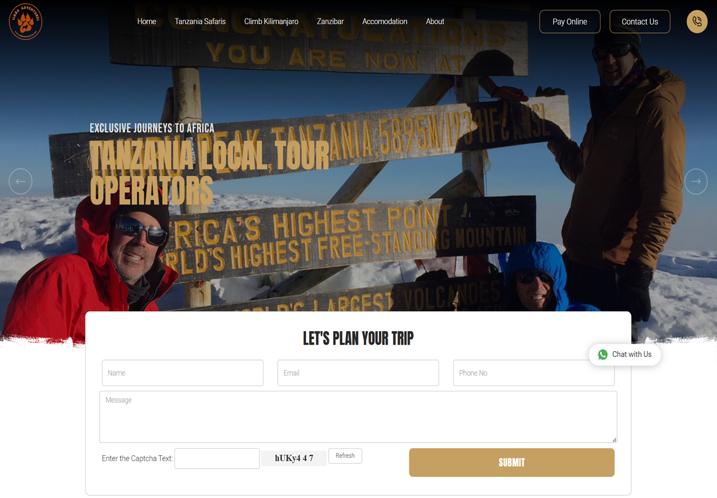 Simba Adventures website homepage designed and developed by ACSIUS